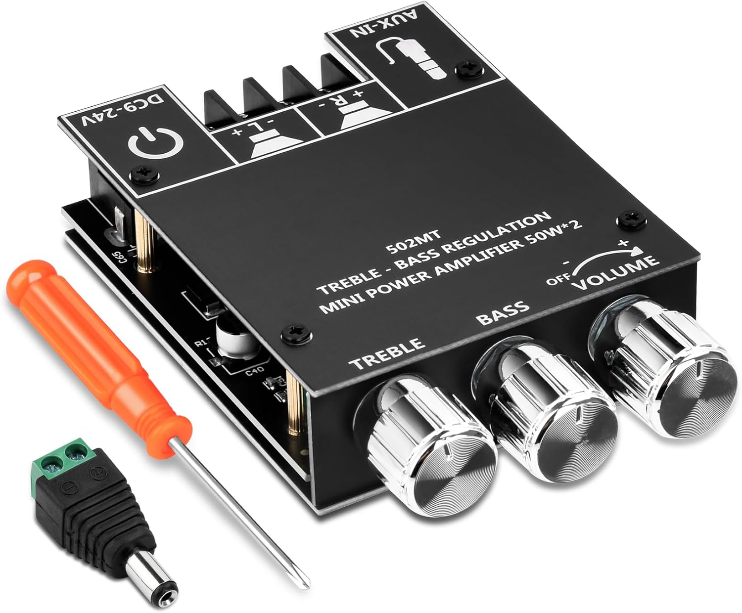 ZK-502MT Bluetooth Amplifier Board,50W+50W 2.0 Channel Amp Board with Treble and Bass Control,DC 9-24V, Bluetooth and AUX Inputs, Audio Amp Board for Home DIY Wireless Speakers