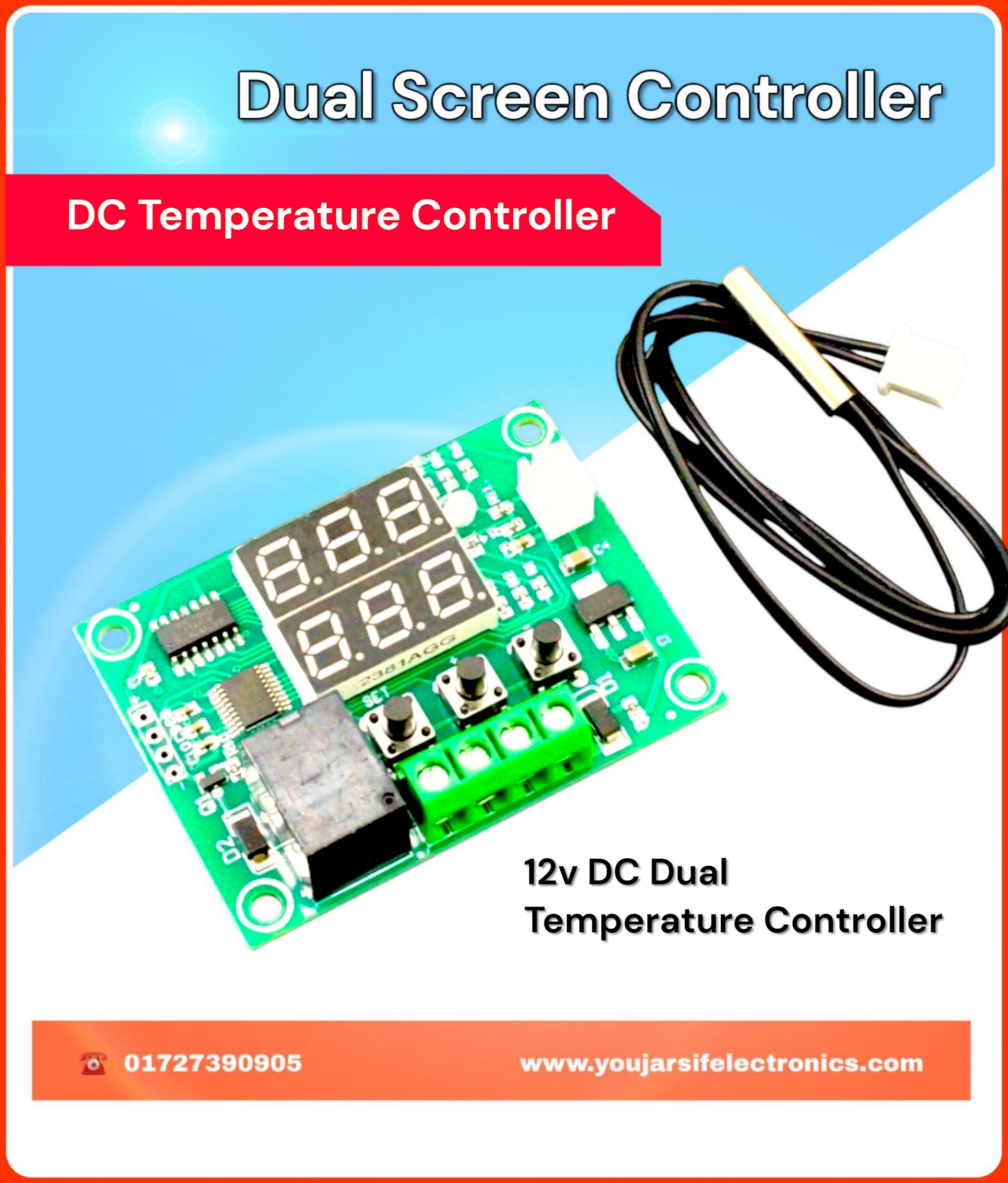 XH-W1219 Digital Dual RED GREEN LED Display Thermostat DC 12V AC 220V W1219 Digital Temperature Controller Boards Incubator Switch Module With Waterproof NTC Probe & 10A Relay